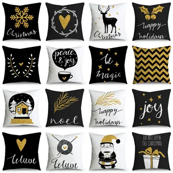 

Black Gold Pattern Printed Polyester Christmas Pillowcase Elk Love Heart Element Sofa Home Decorative Cushion Cover