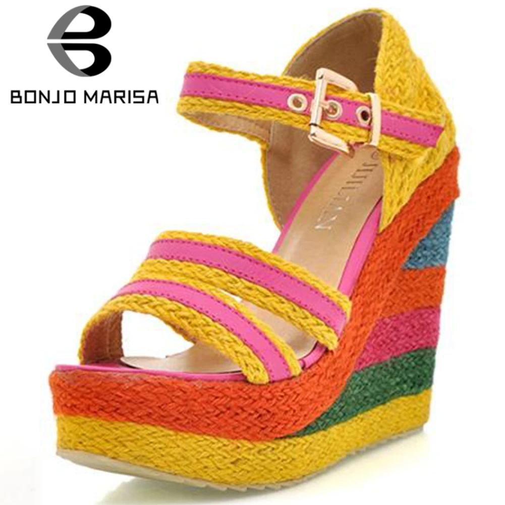 

BONJOMARISA 2020 Trendy Brand New Ladies Cane Sandals Colorful High Platform Sandals Women 2020 Summer High Wedges Shoes Woman