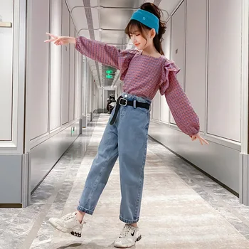 

Autumn Girls Suit Kids Clothing Set Teenage Girl Plaid Shirt & Jeans 2 Pcs Outfits Children Clothes Tracksuit 6 8 10 12 14 years