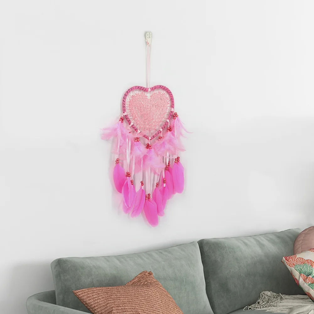 В богемном стиле «Ловец снов» навесные украшения для дома ручной работы с кружевом «Ловец снов» перо бисера колокольчиков колье с кулоном 15x60 см - Цвет: Pink