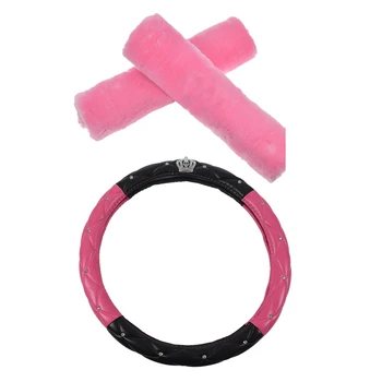 

3 Pcs Cover: 1 Pcs Black+Rose Red PU Leather Car Steering Wheel Cover 15 Inch & 2 Pcs Pink Plush Car Seat Belt Shoulder Pads Cov