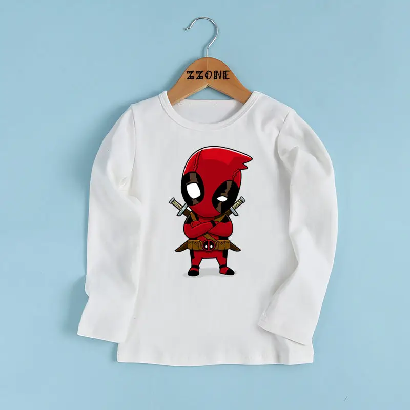 Модная футболка с рисунком Дэдпула для мальчиков и девочек Повседневная забавная футболка для малышей милая детская одежда с длинными рукавами LKP2406 - Цвет: whiteE