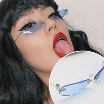 

TTLIFE Vintage Rimless Mini Narrow Rectangle Sunglasses Ocean Lens Glasses Vintage Cutting Lens Eyeglasses Female UV400 Eyewear