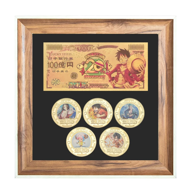 5PCS Gold Coins Set Banknote with Wood Frame Case Japanese Challenge Coins Dragon Ball Anime Coins Collectibles Giift for Men