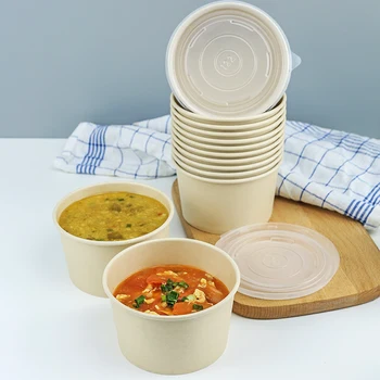 

25pcs Net red disposable round paper bowl household pure bamboo pulp paper food lunch box thick large packaging cup with lid