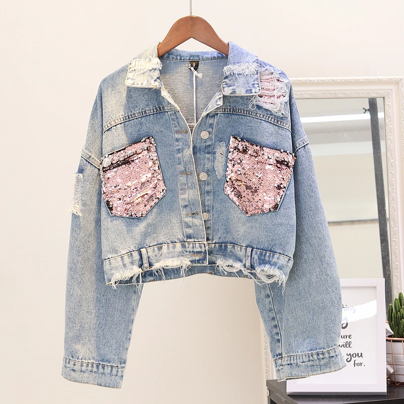 

Veste femme printemps 2020 Short Denim jacket Diamond Sequins pocket Loose Jean jacket Women Ropa de mujer Casual Bomber jacket