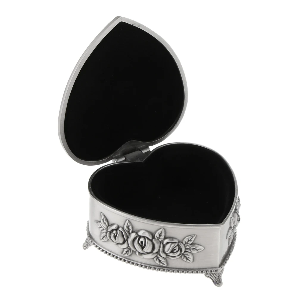 Heart Shape Alloy Metal Vintage Flower Carved Jewelry Box Rings Holder Case