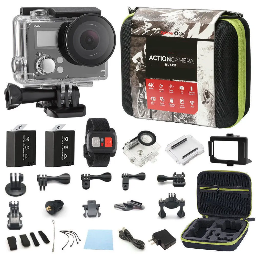 Черный 4K Экшн-камера с двойным экраном Ultra HD 16MP видеокамера Спортивная камера 4k с удаленным набором аксессуаров - Цвет: Черный