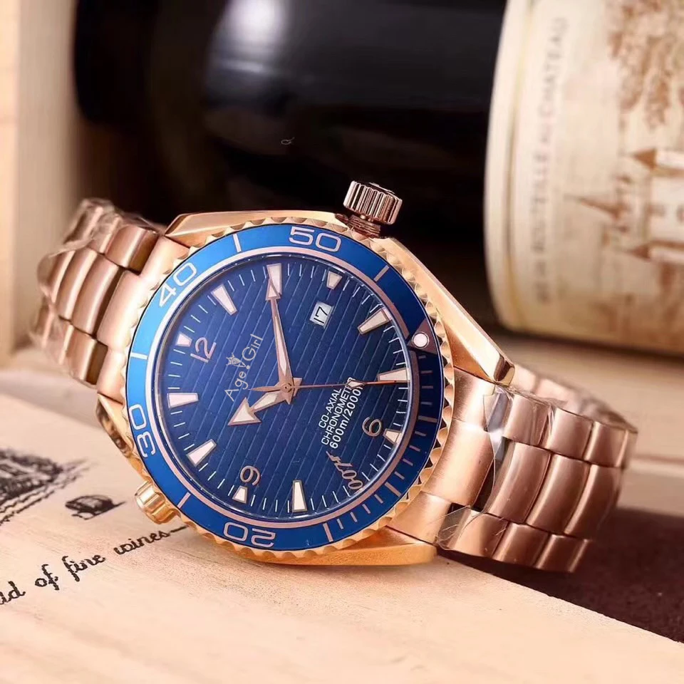 

Luxury Brand New Men Automatic Mechanical Rose Gold Blue White Ceramic Bezel Stainless Steel James Bond 007 Sapphire Watch AAA+