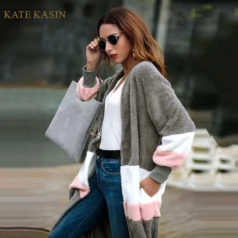 Kate Kasin женский осенне-зимний теплый флисовый кардиган, плюшевая куртка, пальто с длинным рукавом, мягкая женская верхняя одежда, пальто