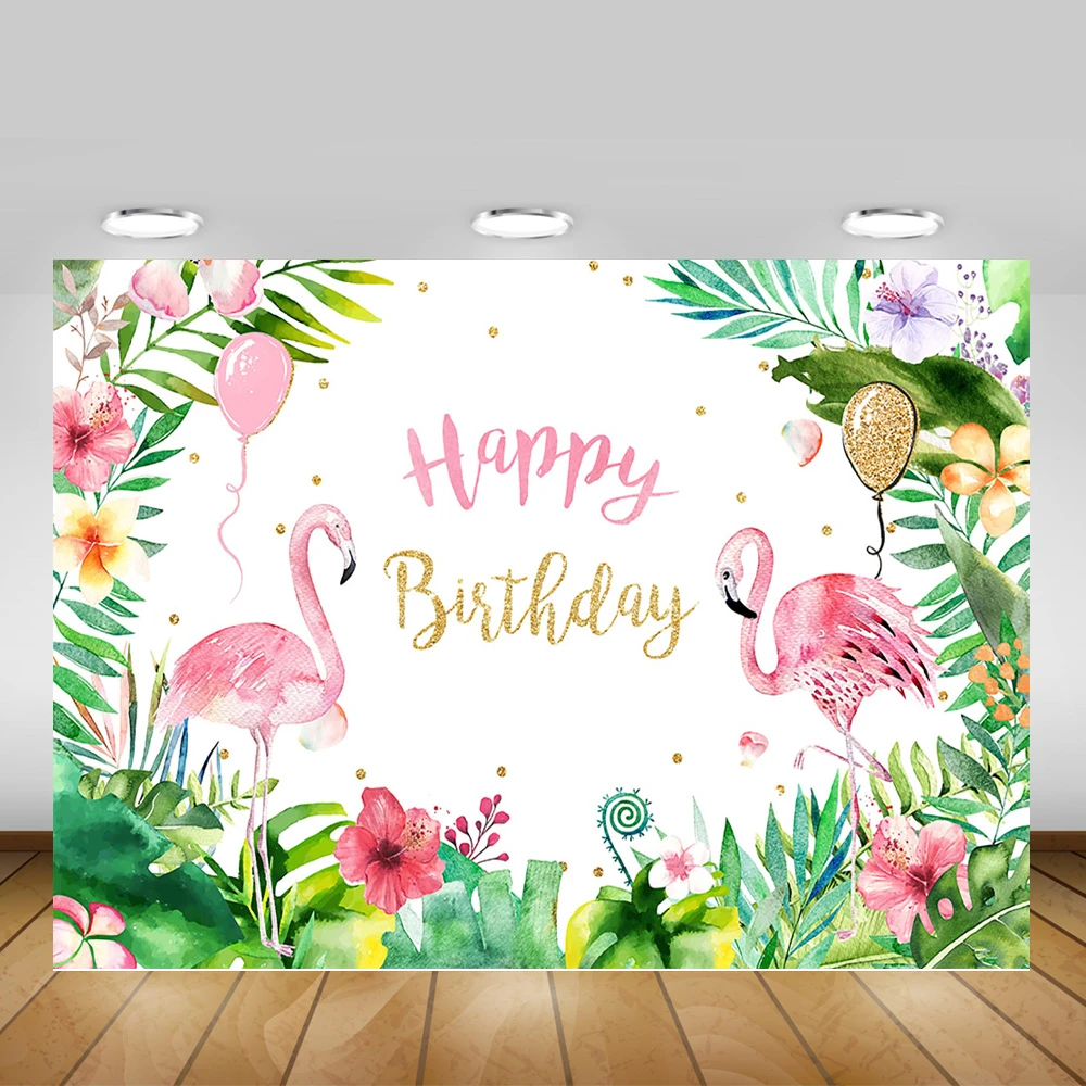 Fond De Photographie Joyeux Anniversaire Flamand Rose Jungle Foret Tropicale Feuille Verte Ballons Fleurs Aliexpress