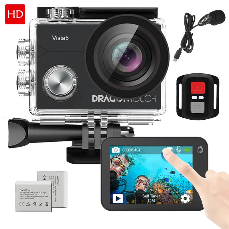 Dragon Touch Vista-Cámara de acción 5 4K 16MP, gran angular de 170 °, WiFi, pantalla táctil, impermeable, cámara deportiva para casco con micrófono adicional