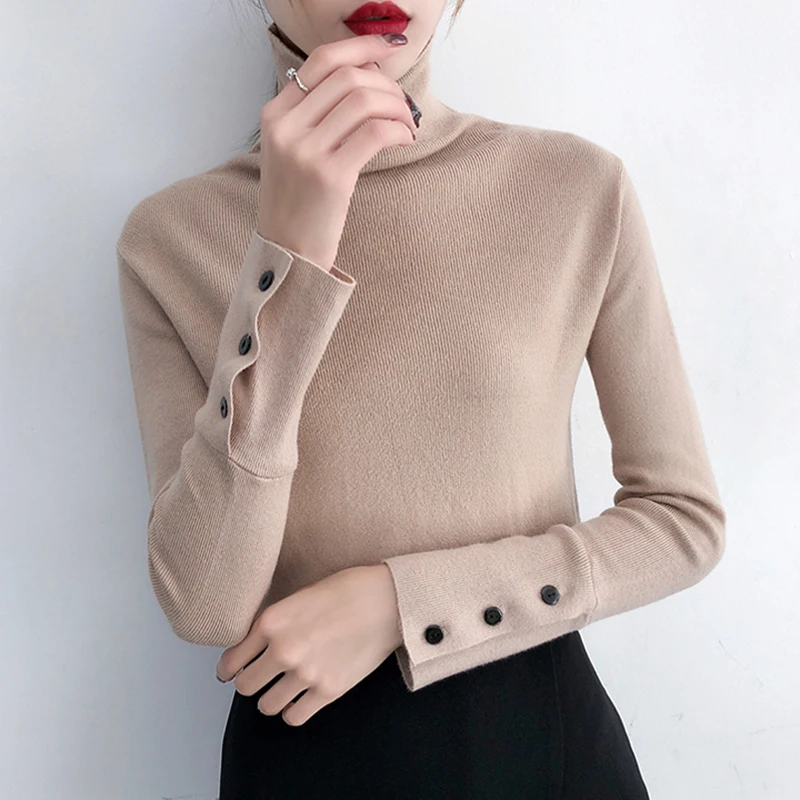 

2019 Cashmere Knitted Women Sweater Pullovers Turtleneck Autumn Winter Basic Long Sleeve Button Sweaters Korean Style Black Tops