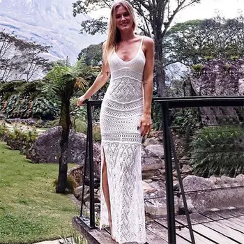 

Crochet White Knitted Beach Cover up dress Women Bikini Swimsuit Cover Up Hollow Out Beach Tunic Pareos