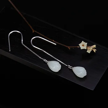 

silver S925 sterling silver inlaid with natural Hotan jade, white jade, orchid, lady temperament and versatile Earrings