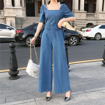 

Women Fashion Blue Denim Jumpsuits 2020 Spring Summer Retro High Waist Wide Leg Pants Bodysuits Loose Casual Slim Jeans Rompers