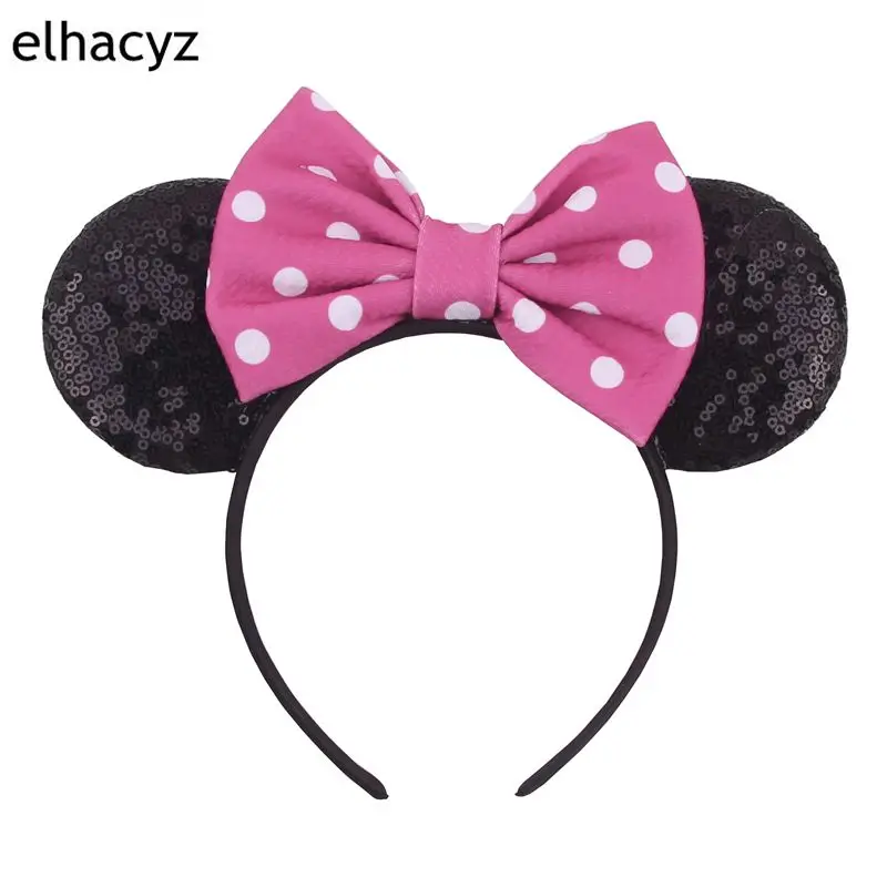 

1PC New 3.3''Glitter Minnie Mouse Ears Hairband Summer Floral Donut Printed For Girls 5''Big Hair Bow Kids Hair Accessories