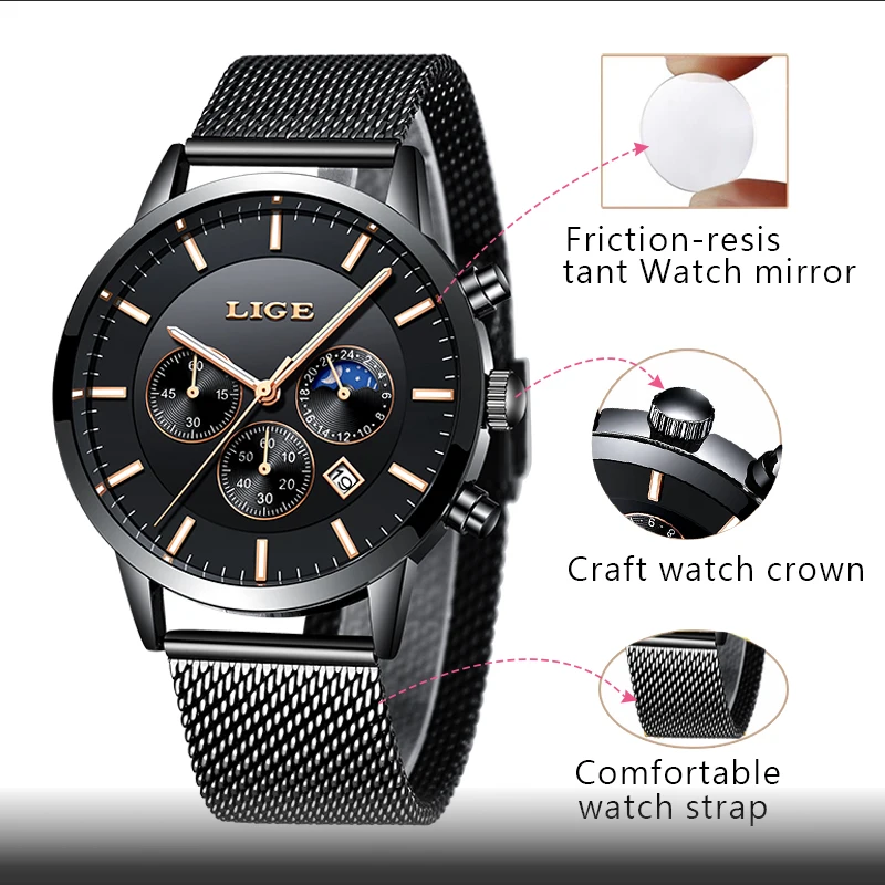 

Relogio Masculino 2020LIGE Luxury Quartz Watch for Men Black Dial Watches Sport Cloc Moon Phase Chronograph Mesh Belt WristWatch