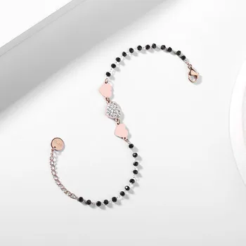 

Stainless Steel Rose Gold Three Heart Charms Bracelet Black Crystal Beads Chain Bracelet For Women 2020 Steel Jewelry New Gifts