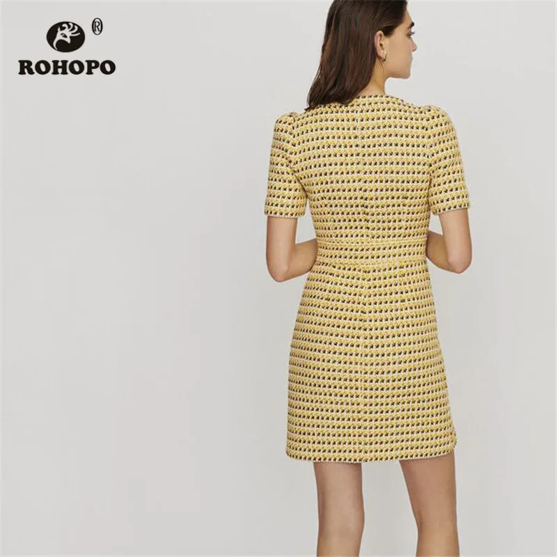 ROHOPO, Двухслойное осеннее Плиссированное клетчатое прямое платье в британском стиле, пуговицы, летящий Топ, карман, гусиная лапка, желтый цвет, Vestido#9853