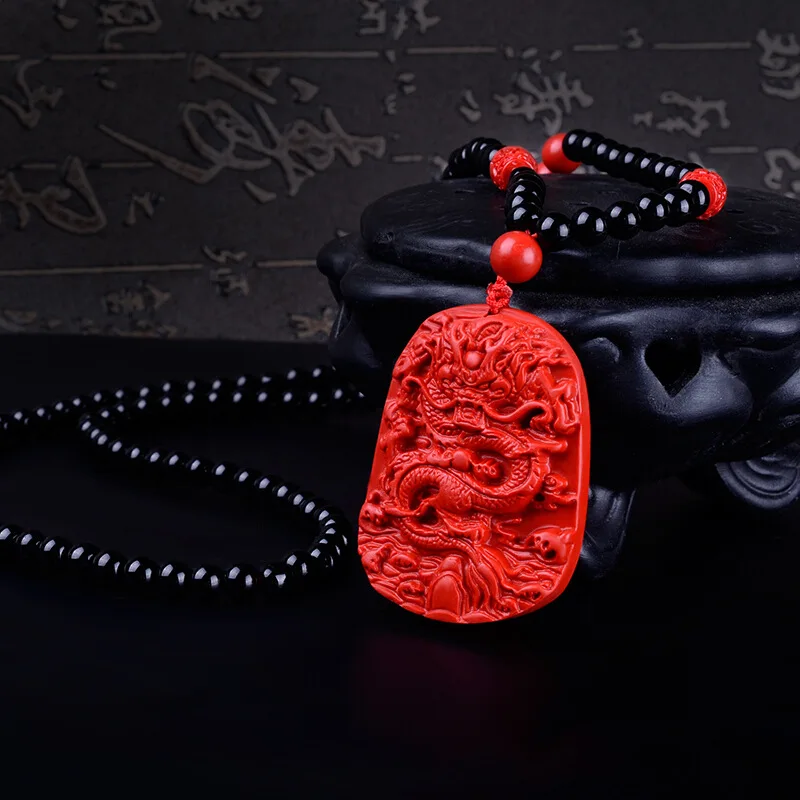 Резной смешанный большой Cinnabar красный кулон с драконом ожерелье Счастливый амулет черные бусины ожерелье для женщин Прямая ювелирных изделий