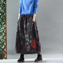 Хлопок, лен, винтажная Женская юбка, эластичная талия, цветок, длинная юбка, с принтом, с карманами, для девушек, юбки, пэчворк, с дырками, юбки для женщин