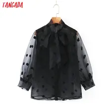 Tangada, Женская сетчатая блузка в горошек с вышивкой, сексуальная, прозрачная, с галстуком-бабочкой, с длинным рукавом, шикарная женская рубашка, blusas femininas SL181