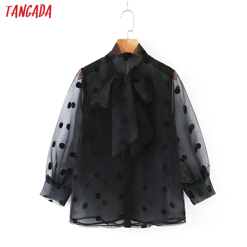 Online Blusa de malla bordada con puntos Tangada para mujer sexy cuello de lazo transparente manga larga camisa femenina elegante blusas femeninas SL181