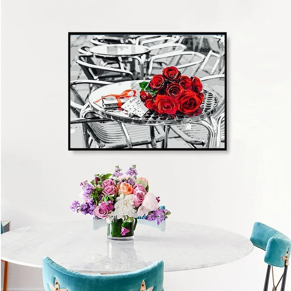 AZQSD Red Gray Flowers Street Landscape Art Pictures Oil Painting By Numbers DIY Drawing On Canvas For Home Decor Unique Gift
