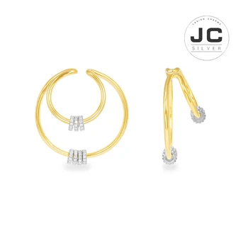 

New Fashion Charms Silver 925 Original Engraving,Double Hoops With Three Sliding Rings Ear Cuff For Women Mono Zircon Glamour