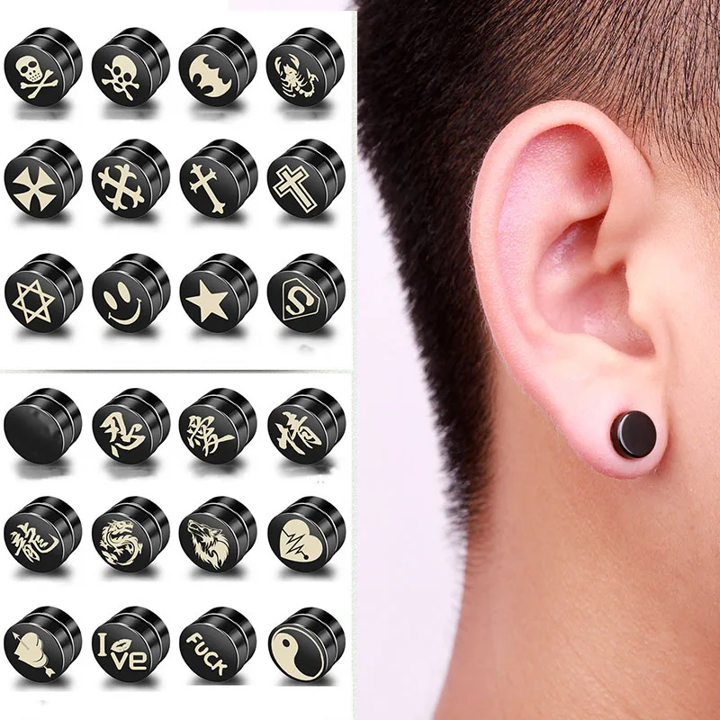 Магнитные одиночные серьги на магнитах, серьги-гвоздики без ушей, простые панк серьги из нержавеющей стали для мужчин и женщин, черные двухсторонние серьги