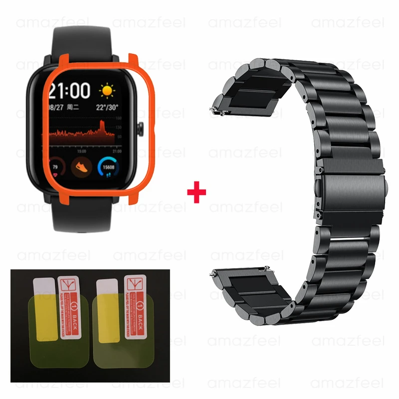 black-orange 4в1/упаковка умные часы аксессуары для Amazfit GTS ремешок браслет для Huami Amazfit gts чехол Защитная пленка для экрана ремешок на запястье - Цвет: black-orange
