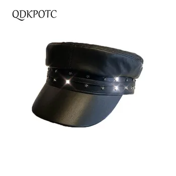 安い 2020帽子新しい女性秋冬リベットpu軍事帽子ファッションシンプルなキャップ韓国スター同じスタイルストリート黒ベレーqdk
