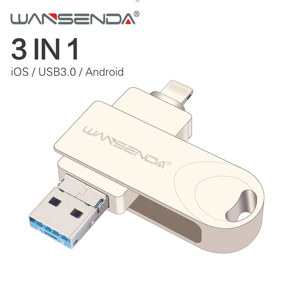 WANSENDA usb 3,0 USB флеш-накопитель OTG флеш-накопитель для iPhone/Android/PC 16 ГБ 32 ГБ 64 ГБ 128 ГБ флеш-диск 3 в 1 высокоскоростной флеш-накопитель