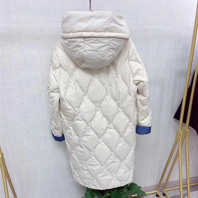019 стиль, пуховик, женский, средней длины, выше колена, корейский стиль, свободный крой, с капюшоном, большой размер, Белый утиный пух, пальто от моря