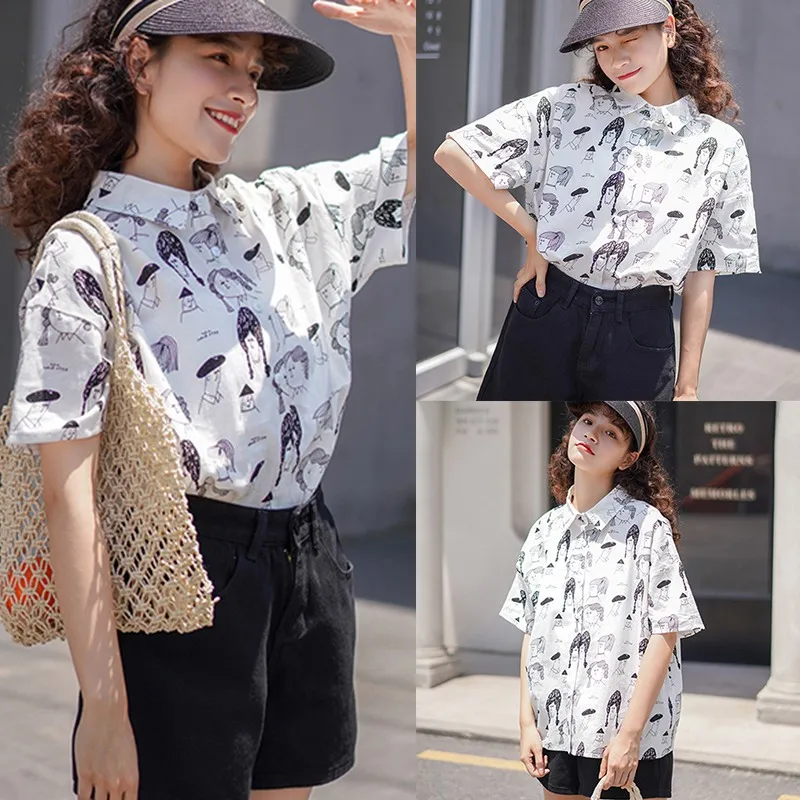

Women's Cartoon Strange Characters Printed Turn-down Collar Button Casual Short Sleeve Loose Single Breasted Blouse