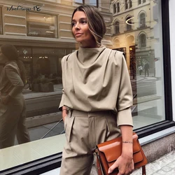 Mnealways18 – Blouse unie kaki drappée à manches longues pour femme, chemisier ruché haut élégant à porter au bureau, mode dames printemps 2020 