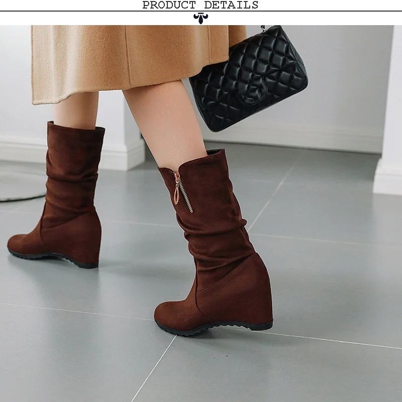EGONERY winter new concise mid calf boots outside casual high heels round toe flock zipper women shoes drop shipping size 33-44
