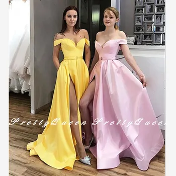 

2020 Off Shoulder Long Prom Dresses Graduation For Women A Line Sexy Side Split Formal Evening Dress Party Vestido De Festa