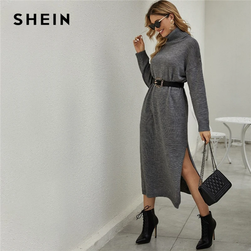 Шеин серый сплошной воронка шеи Падение плеча свитер платье без пояса для женщин