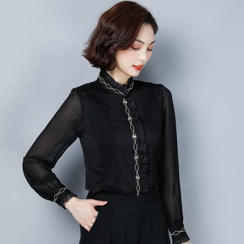 

COIGARSAM Vintage Chiffon Shirt Womens tops Spring Women shirts White Black 6320