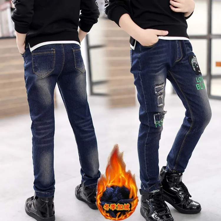 

Crawler Children BOY'S Autumn And Winter Pants Big Boy Loose And Plus-sized Jeans Boy Outer Wear plus Velvet 2019 Thick