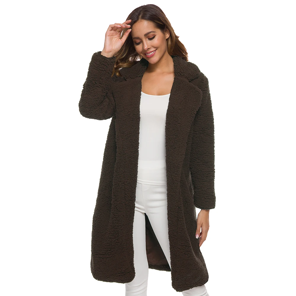 Осеннее пальто с открытым стежком из искусственного меха, женское однотонное пальто плюс размер, зимнее пальто с длинным рукавом, розовая Модная тонкая меховая куртка женская - Цвет: Brown