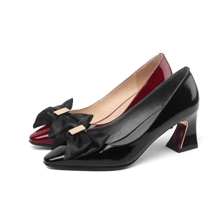 

2020 Spring New Style Women Pointed Full-grain Leather Chunky Semi-high Heeled Shallow Mouth Bow Metallic Decoration Foot Coveri