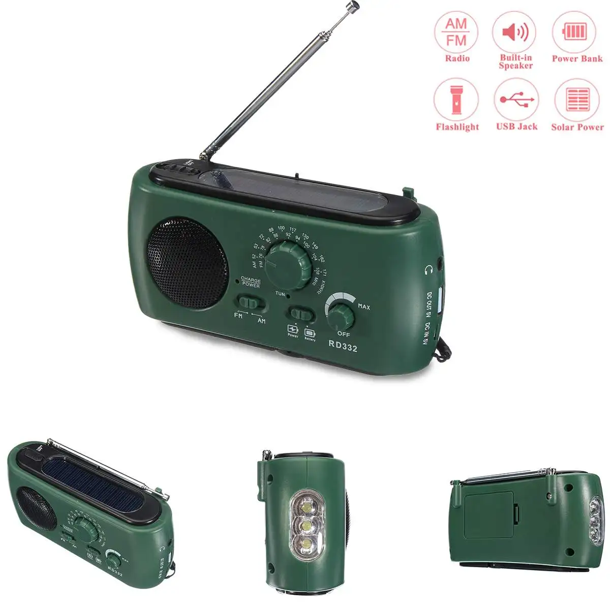 Emergency Portable Solar Crank AM/FM Weather Radio with LED Flashlight with Cell Charging Interface Can Charge for Phone