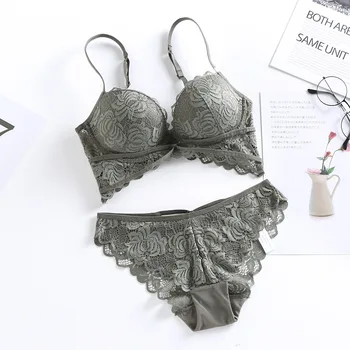 

Floral Lace Push Up Bra for Small Breasts Deep V Plunge Sexy Panty Set Underwear Women Lingerie White Black Army Green