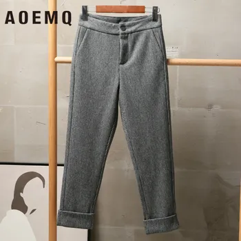 

AOEMQ Casual Woolen Pants Solid Color Spring Pants One Button Breasted High Waist Pants with Pockets Women Buttoms Clothing