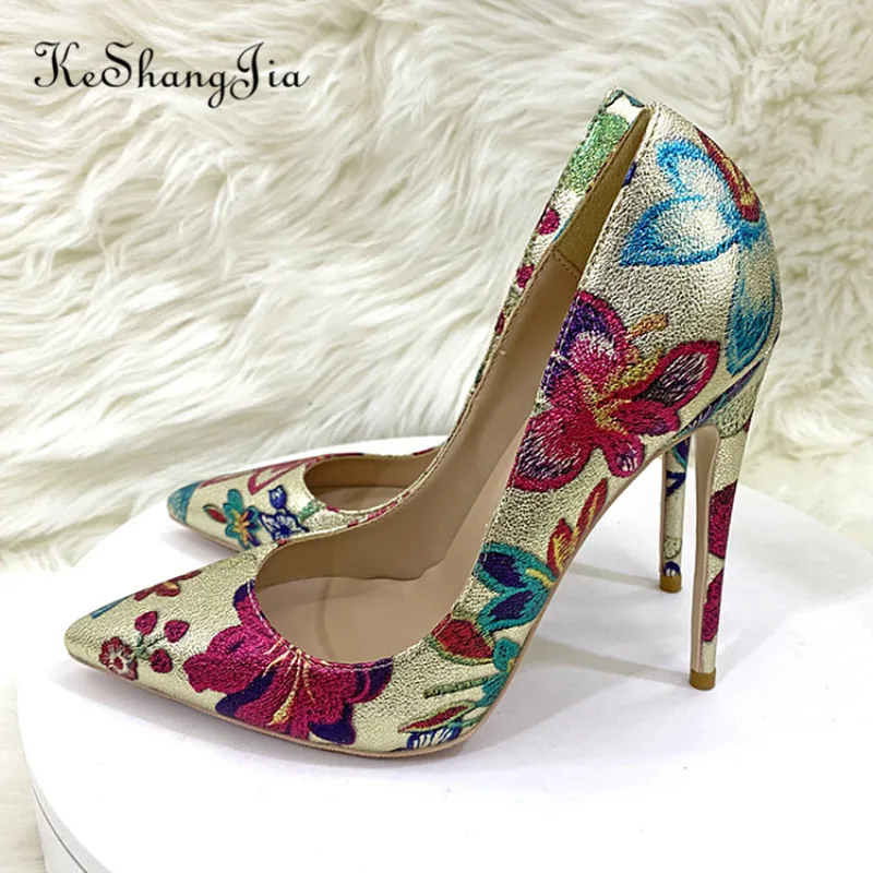 

Ke Shang Jia Gold Embroidered Graffiti Flowers Printed Women Pointy Toe High Heel Party Dress Shoes Sexy Designer Stiletto Pump
