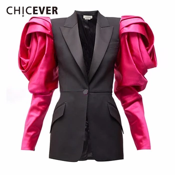 

CHICEVER Patchwork Hit Color Women's Blazer Puff Sleeve Notched Plus Size Casual Female Blazers 2020 Spring Fashion New Clothing