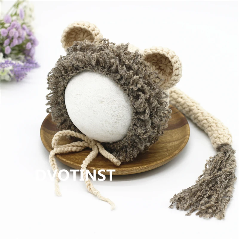 Dvotinst Newborn Baby Photography Props Knit Cute Animal Lion Bonnet Hat Tail Set Fotografia Accessorio Studio Shoot Photo Prop